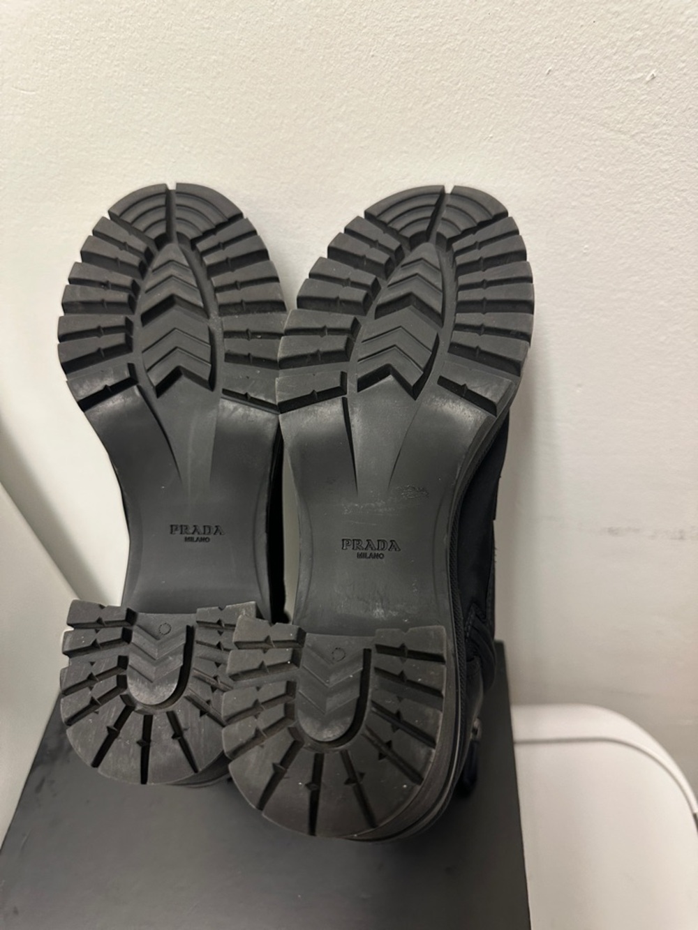 Prada Re-Nylon & Leather Booties Black Lace-Up Platform Ankle Boots, Women (8.5) - Picture 5 of 16